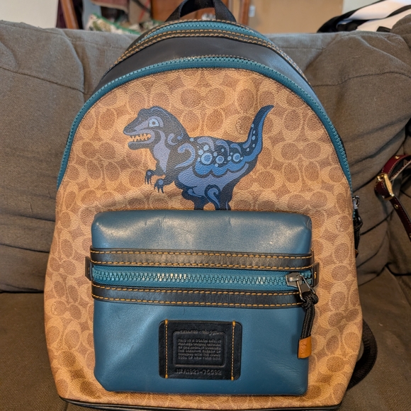 Coach Tan and Blue Dinosaur Backpack - Picture 1 of 2